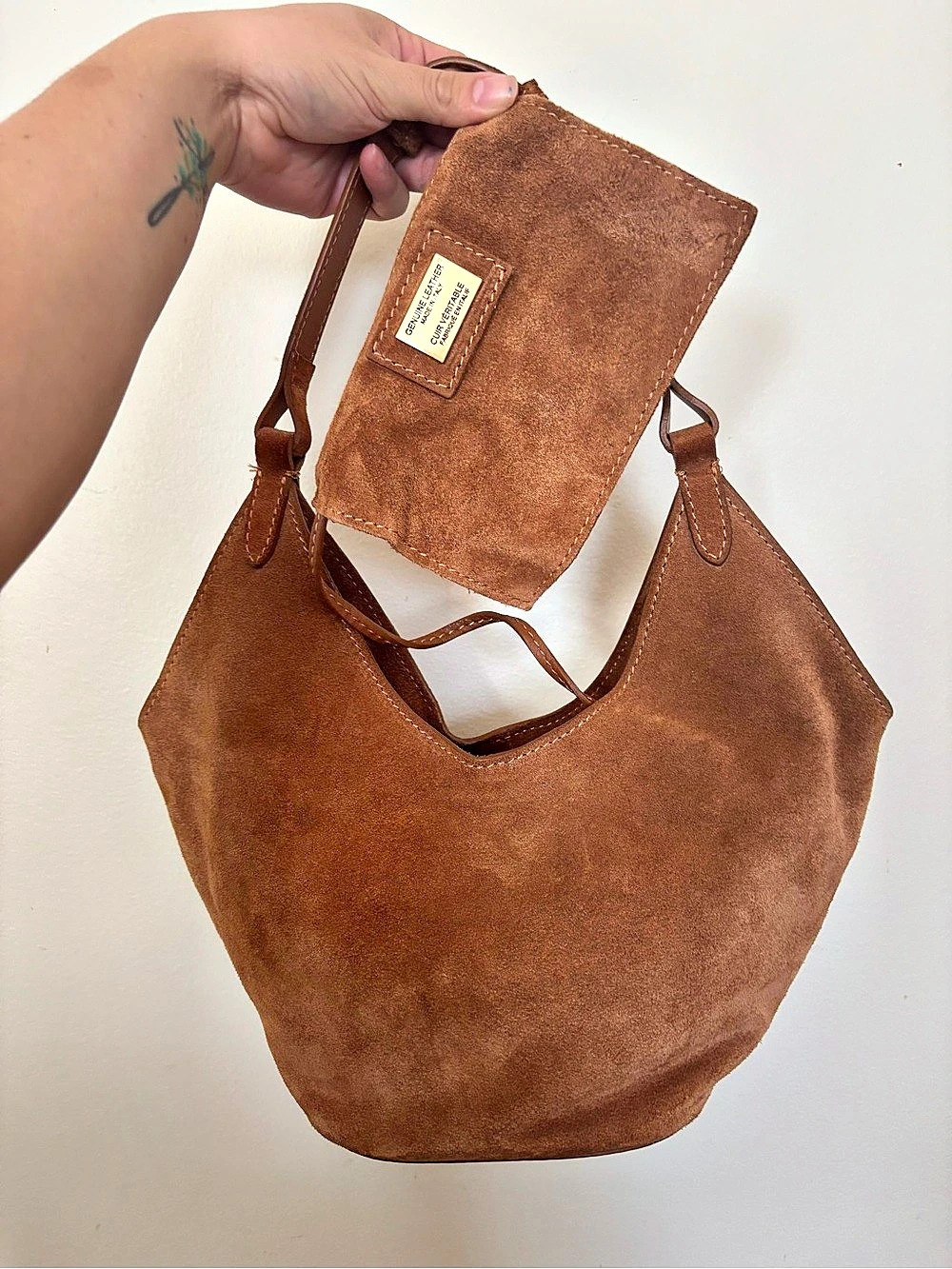 Genuine Italian Suede Hobo Bag - Brown Cognac - Made in Italy - With Pouch
